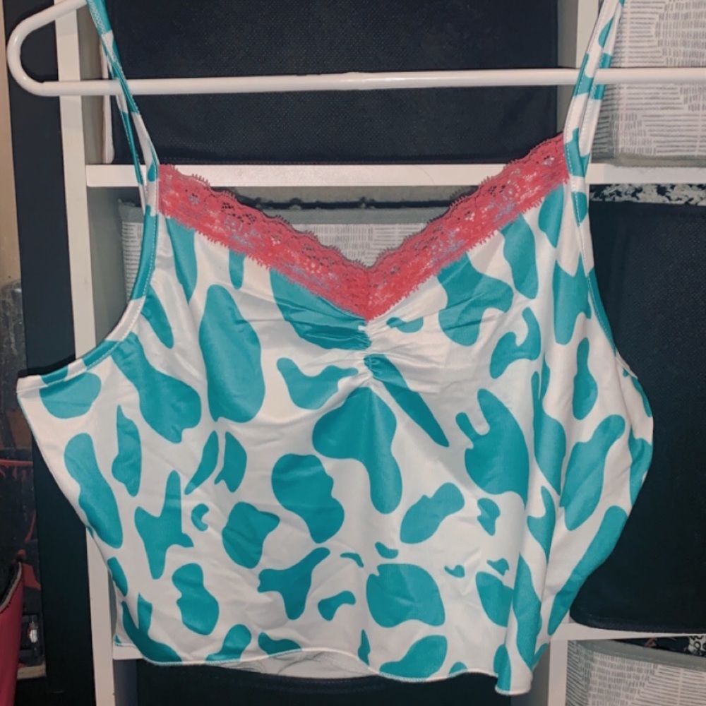 Adorable blue and pink cow print tank top
